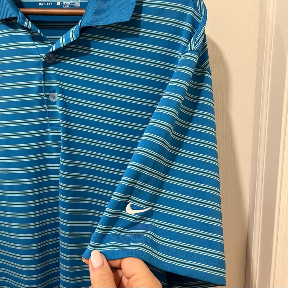 Nike Golf Dri-Fit Golf/Polo Shirt Teal Blue Striped Size L Comfortable Easy Care - Picture 3 of 6